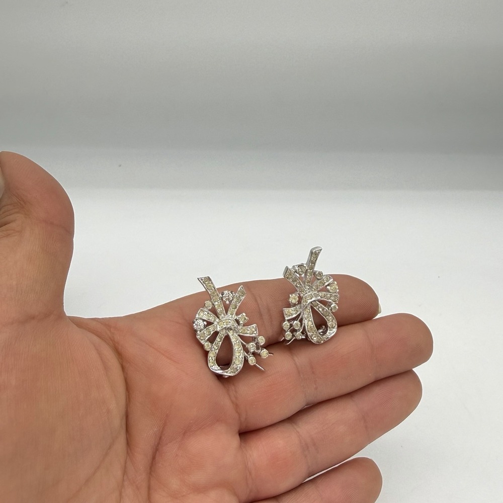 Vtg PANETTA  Rhinestone Earrings Floral Bow Signed Read - Picture 9 of 13
